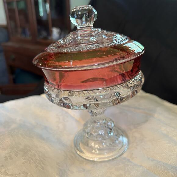 Kings Crown Thumbprint Ruby Red Cranberry Covered Compote Candy Dish Glass READ - Picture 1 of 6